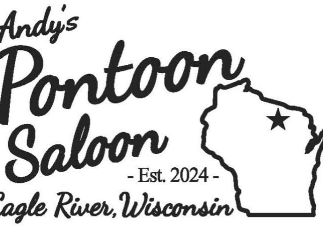 Logo of "andy's pontoon saloon" featuring an outline of wisconsin, established in 2024, located in eagle river, wisconsin.