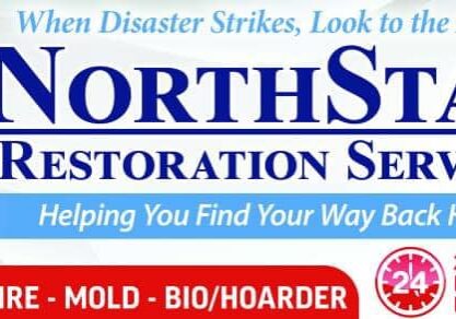 NorthStar Restoration Services ad: "When Disaster Strikes, Look to the North." Services include water, fire, mold, bio/hoarder. Offers 24-hour emergency response.