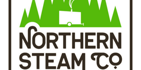 Logo of Northern Steam Co. featuring a graphic of a sauna with smoke in front of green pine trees. Text reads "Wood-Fired Mobile Sauna" and the website "NorthernSteamCo.com".