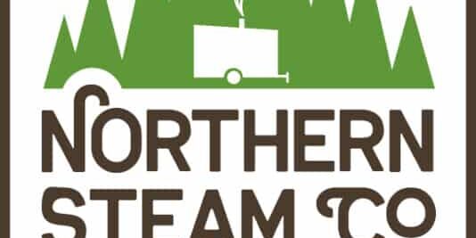 Logo of Northern Steam Co., featuring a wood-fired mobile sauna cartoon image against a backdrop of green pine trees. Text reads "Northern Steam Co. Wood-fired Mobile Sauna, NorthernSteamCo.com".