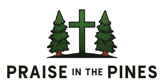 Logo featuring a green cross flanked by two pine trees, with the text "PRAISE IN THE PINES" below.