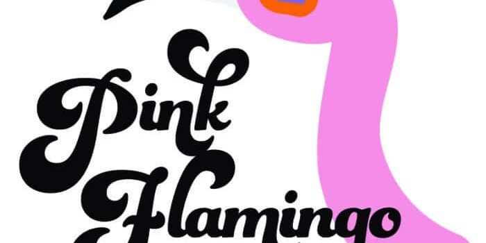 Logo of Pink Flamingo Apothecary featuring a stylized flamingo head in pink and black with bold, curly text below.