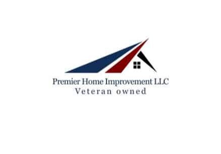 Logo for Premier Home Improvement LLC featuring a stylized roof in red, white, and blue, with text stating "Veteran owned" below the company name.