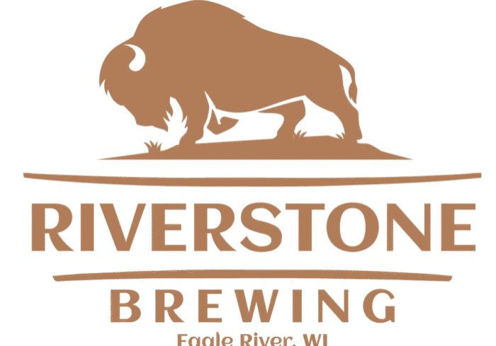 Logo for Riverstone Brewing in Eagle River, WI, featuring a silhouette of a bison standing on a patch of grass.