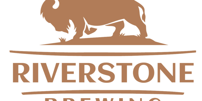 Logo for Riverstone Brewing in Eagle River, WI, featuring a silhouette of a bison standing on a patch of grass.