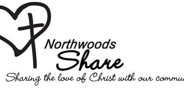 Logo with a heart and cross design, text reads: "Northwoods Share. Sharing the love of Christ with our community.