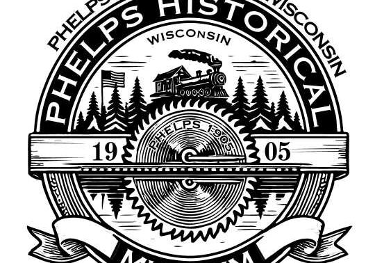Black and white emblem for Phelps Historical Museum, featuring a train, trees, and large gear, with text "Phelps, Wisconsin, 1905.