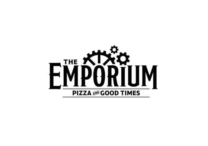 Logo for "The Emporium Pizza and Good Times" with black text, gears above "Emporium," and a horizontal line separating the tagline.