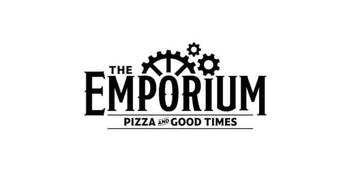 Logo for "The Emporium Pizza and Good Times" with black text, gears above "Emporium," and a horizontal line separating the tagline.