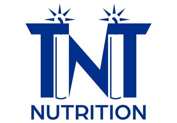 Blue logo with the letters "TNT" stylized as pillars with sparks on top, and the word "NUTRITION" in capital letters below.