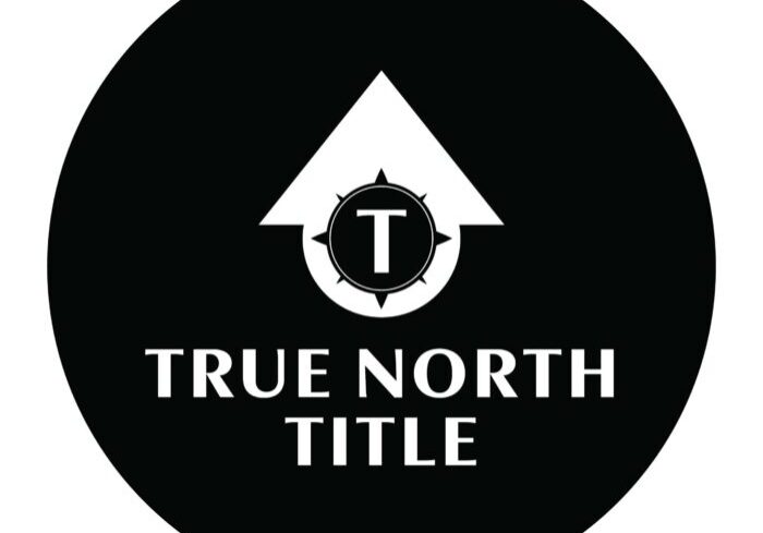 Black circular logo with a white upward arrow, a compass with "T" inside, and the text "TRUE NORTH TITLE" in bold white letters below the arrow.