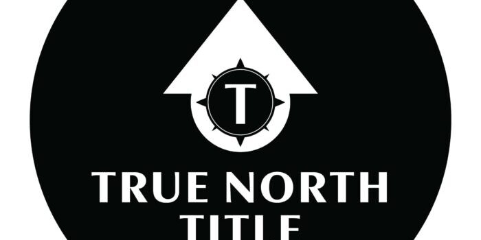 Black circular logo with a white upward arrow, a compass with "T" inside, and the text "TRUE NORTH TITLE" in bold white letters below the arrow.