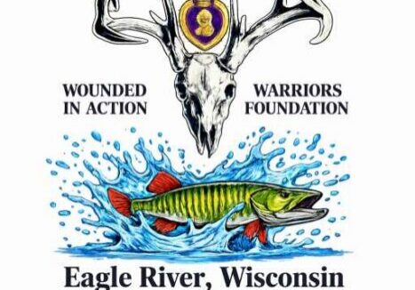 Wounded in Action Warriors Foundation logo with deer skull, military medal, and fish, text reading "Eagle River, Wisconsin, Honor - Connect - Heal.