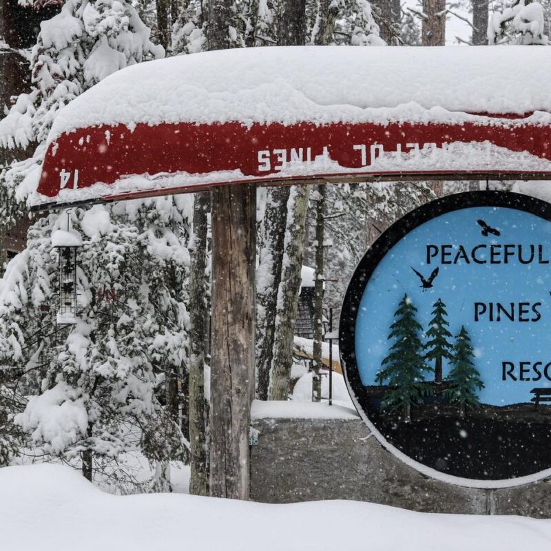 A snow-covered canoe rests above a sign reading "Peaceful Pines Resort," surrounded by snowy trees and the inviting glow of a cozy resort cabin in the background.