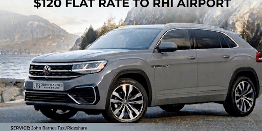 Gray Volkswagen Atlas Cross Sport parked outdoors; advertisement for John Barnes Taxi/Rideshare offering a $120 flat rate to Rhinelander-Oneida County Airport, with contact details provided.