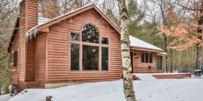 A wooden cabin with large windows is surrounded by snow and trees. A birch tree stands in the foreground.