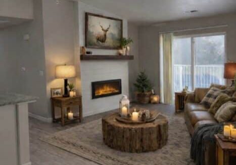 Modern living room with a couch, rustic wooden tables, fireplace, candles, and nature-themed decor, with a sliding glass door leading to a balcony.
