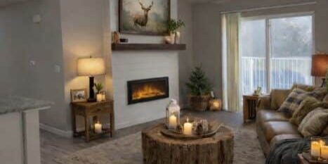 Modern living room with a couch, rustic wooden tables, fireplace, candles, and nature-themed decor, with a sliding glass door leading to a balcony.