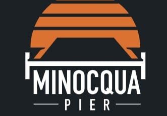Logo for "Minocqua Pier" featuring an orange semi-circle with horizontal lines above a stylized white pier and bold white text on a dark background.