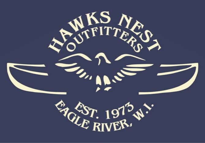 Logo for Hawks Nest Outfitters featuring an eagle with outstretched wings above two canoe shapes. Text reads: "Hawks Nest Outfitters, Est. 1973, Eagle River, WI.