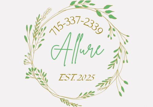 A circular wreath design with green leaves surrounds the text "715-337-2339 Allure EST. 2025" in green and gold lettering.