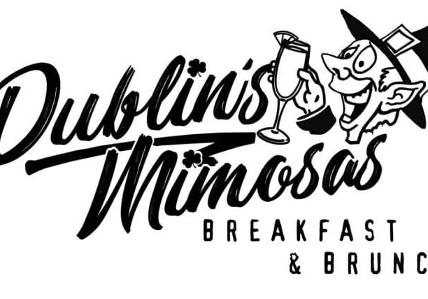 Stylized text logo reading "Dublin's Mimosas Breakfast & Brunch" with a cartoon leprechaun holding a mimosa glass.