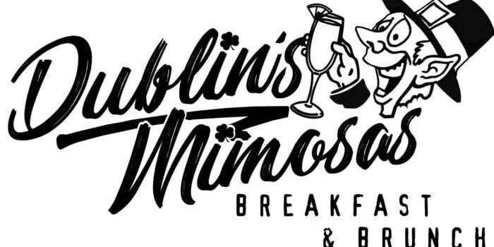 Stylized text logo reading "Dublin's Mimosas Breakfast & Brunch" with a cartoon leprechaun holding a mimosa glass.