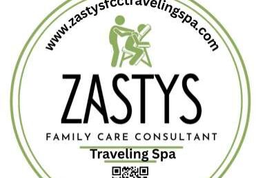 Circular logo for ZASTYS Family Care Consultant Traveling Spa, featuring a person receiving a massage, website URL, and a QR code at the bottom.