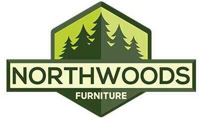 Logo of "Northwoods Furniture" furniture store featuring stylized evergreen trees in shades of green within a hexagonal shape.