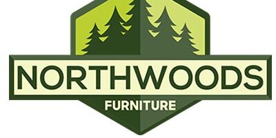Logo of "Northwoods Furniture" furniture store featuring stylized evergreen trees in shades of green within a hexagonal shape.