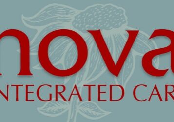 Logo of Nova Integrated Care with red text on a gray background featuring a floral design.