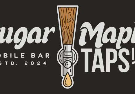 Logo for Sugar Maple Taps Inc., featuring a wooden tap with a drop. Text reads "Mobile Bar Estd. 2024." Black background.