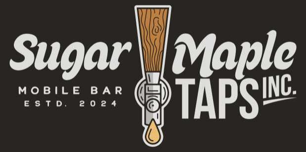 Logo for Sugar Maple Taps Inc., featuring a wooden tap with a drop. Text reads "Mobile Bar Estd. 2024." Black background.