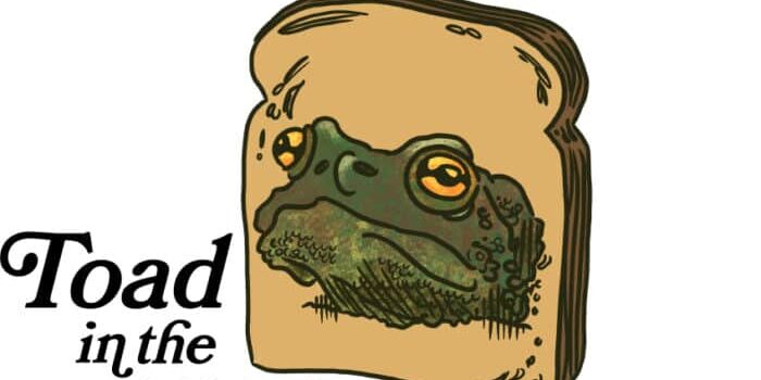 Illustration of a toad's head within a slice of bread, accompanied by the text "Toad in the Hole" – a whimsical play on this classic dish that could be a fun addition to any restaurant menu.